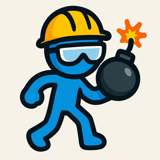 Blue stickman with safety goggles, yellow safety helmet and a bomb.
In-Game asset.  2d.  High contrast.  No shadows