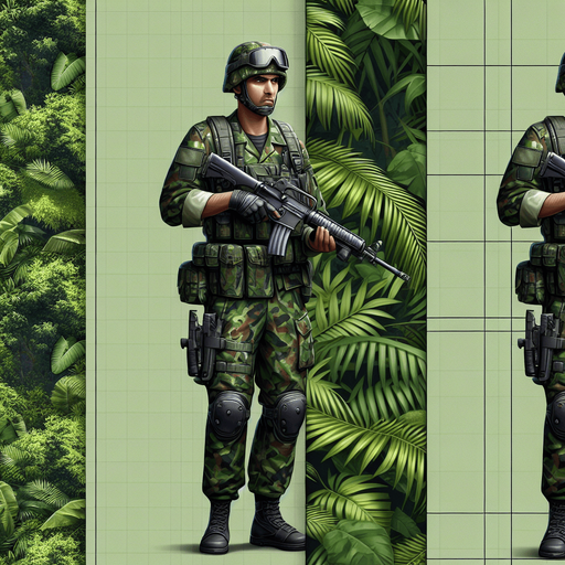 jungle soldier stand shoot the target right direction.
Single Game Texture.  In-Game asset.  2d.  Blank background.  High contrast.  No shadows