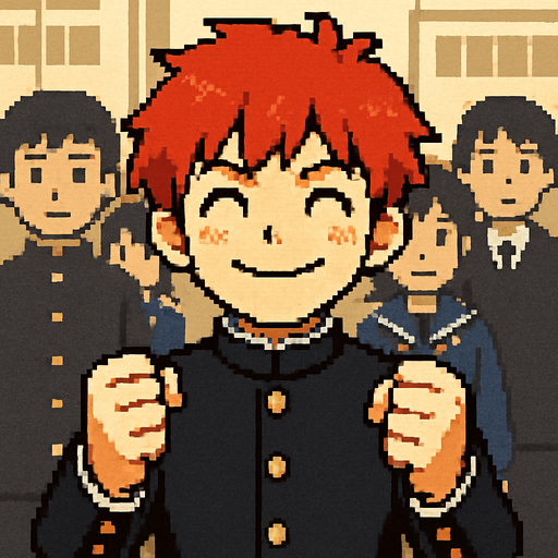 A cute 15-year-old red-haired boy with red eyes, wearing a traditional Japanese school uniform (gakuran). He has a big closed-mouth smile, shining eyes, and clenched fists held forward, as if encouraging himself. Behind him, other Japanese students can be seen. The scene is illustrated in Pixel Art style..
In-Game asset.  2d.  High contrast.  No shadows
