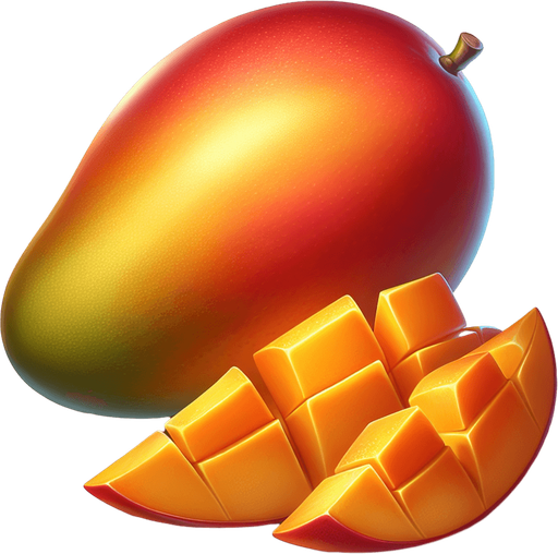 A mango and a few slices  of mango.
Single Game Texture. In-Game asset. 2d. Blank background. High contrast. No shadows.