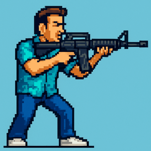 tommy vercetti de gta vice city hecho con pixeles apuntando con un rifle de asalto m4 con la perspcetiva lateral.
In-Game asset.  2d.  High contrast.  No shadows
