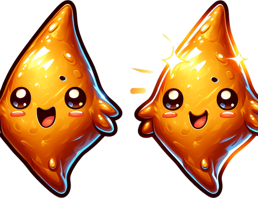 Create a cute and shiny 2D samosa with a golden-brown crispy texture. It should have a smiley face and a slight glow, making it look collectible and delicious. The art style should be cartoonish and exaggerated for a fun game..
Single Game Texture.  In-Game asset.  2d.  Blank background.  High contrast.  No shadows