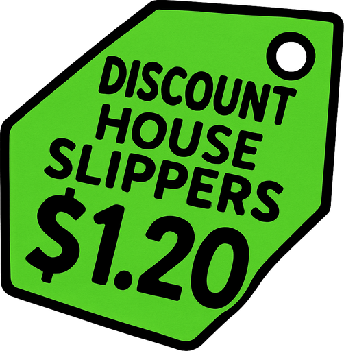 green price tag that says discount house slippers $1.20.
In-Game asset.  2d.  High contrast.  No shadows
