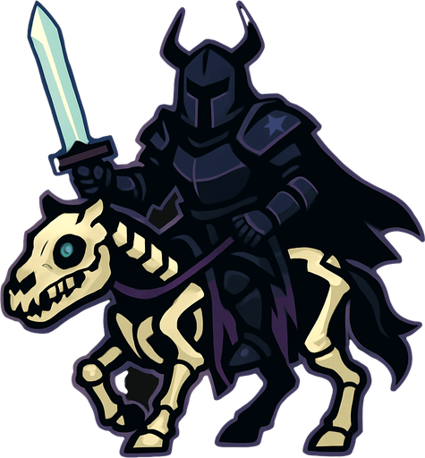 Kara şövalye iskelet atının üzerinde elinde parlak bir kılıç tutuyor.
In-Game asset.  2d.  High contrast.  No shadows
