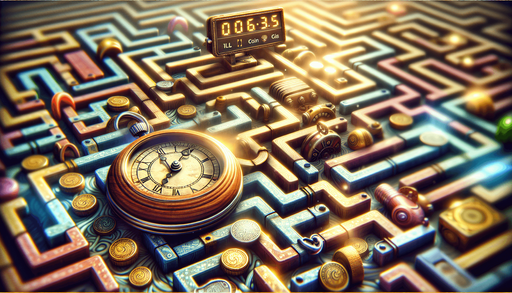Fullscreen, high definition, light, blur, small time watch, colors, wood, for a game titled "Maze" and with the description "Navigate ever-changing mazes! Each level with different background, coins, time speed. Can you finish collecting coins before time is up? Challenge your skills in Maze!". with text on banner "MAZE"!