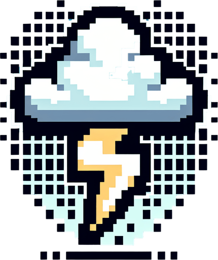 Retro art rain cloud with lighting bolt coming out the bottom 2d pixel art button logo.
Single Game Texture. In-Game asset. 2d. Blank background. High contrast. No shadows.