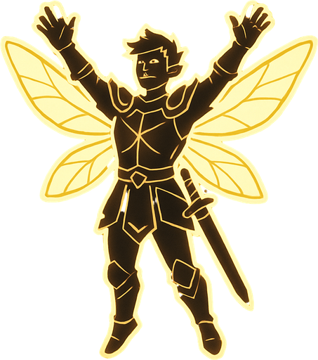 kesatria peri pria seluruh badan bercahaya melayang dengan tangan merengggang keatas.
In-Game asset.  2d.  High contrast.  No shadows