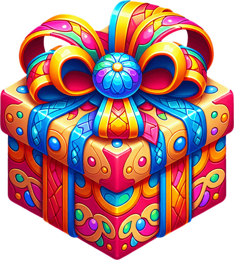 bright 3d present with bow, vivd colours.
Single Game Texture. In-Game asset. 2d. Blank background. High contrast. No shadows.