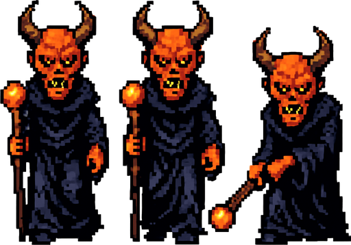 A sprite sheet for grotesque demonic sorcerer with a staff. Two walking sprites with alternating legs and one attack sprite where the staff is lowered and aimed to shoot a spell. Straight on front view. Retro pixelated art.. white background
In-Game asset.  2d.  High contrast.  No shadows