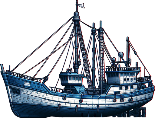 blue white color fishing ship.
Single Game Texture.  In-Game asset.  2d.  Blank background.  High contrast.  No shadows
