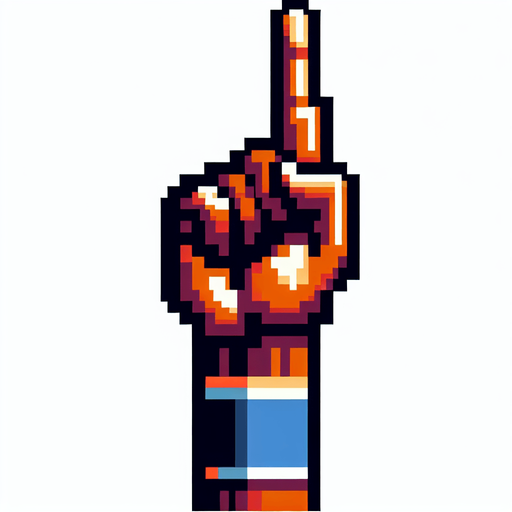 Create an image of a basketball player's hand, focusing on the hand only without showing the entire arm. The hand should be positioned with the index finger extended upwards. pixelated. 8 bit..
Single Game Texture. In-Game asset. 2d. Blank background. High contrast. No shadows.