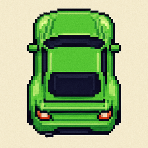 un auto verde deportivo con perspectiva desde arriba hecho con pixeles.
In-Game asset.  2d.  High contrast.  No shadows con perspectiva trasera