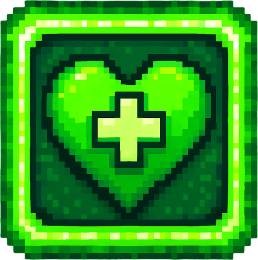 Pixel art of a green power-up icon with a heart or medical cross symbol inside. Represents healing in a 2D pixel arcade game. Glowing green, square icon.
In-Game asset.  2d.  High contrast.  No shadows