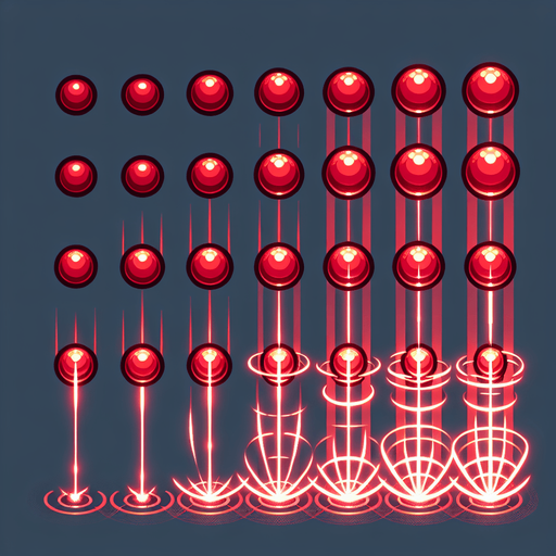 A sprite sheet of glowing red orbs for charging a laser.
Single Game Texture. In-Game asset. 2d. Blank background. High contrast. No shadows.