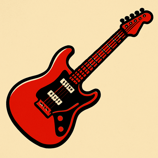 kırmızı renkli elektro gitar yan dursun çalmaya hazır gibi görünsün.
In-Game asset.  2d.  High contrast.  No shadows