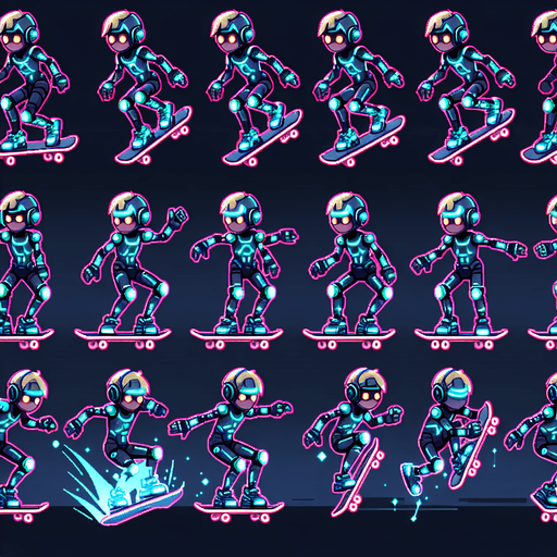 Animated skating sprite sheet (8 frames)

Jumping animation (3 frames)

Ideal size: 150x200 pixels

Theme: Futuristic athlete with skate board glowing accents. cartoonish with glowing colors
Single Game Texture.  In-Game asset.  2d.  Blank background.  High contrast.  No shadows