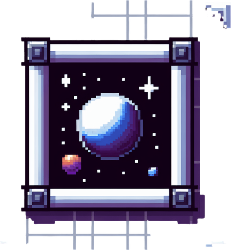 Pixelart. An interface element which is the empty frame for an in-game shop item in the in game shop. with a space theme..
Single Game Texture. In-Game asset. 2d. Blank background. High contrast. No shadows.
