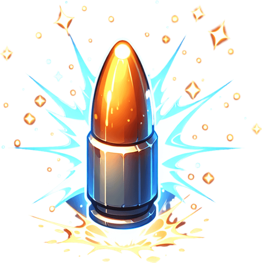 Add a subtle glow or energy trail to make bullets feel powerful.

Impact should create a small explosion effect or particle burst on collision..
Single Game Texture.  In-Game asset.  2d.  Blank background.  High contrast.  No shadows