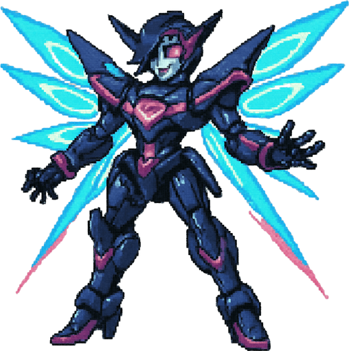 Appearance: An advanced and dramatically redesigned robotic version of Mettaton. It has futuristic armor, energy wings, and a stylized design reminiscent of an anime mecha. He have a heels, 2d pixel art