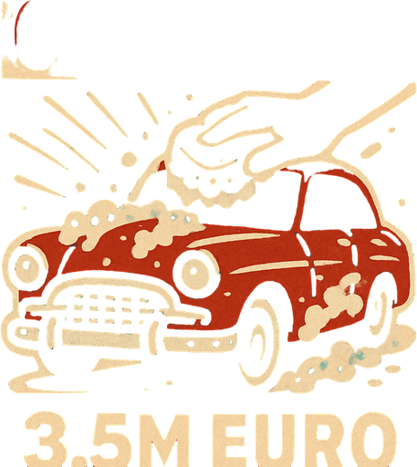 Oto yıkama ile alakalı bir görsel oluştur . Bu görselin altında 3.5M Euro yazsın. Retro temada bir görsel olsun ..
In-Game asset.  2d.  High contrast.  No shadows