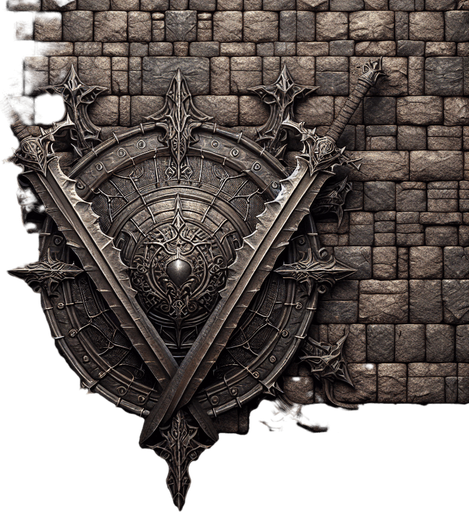 brick wall with shield and swords hanging in the middle of it..
Single Game Texture.  In-Game asset.  2d.  Blank background.  High contrast.  No shadows