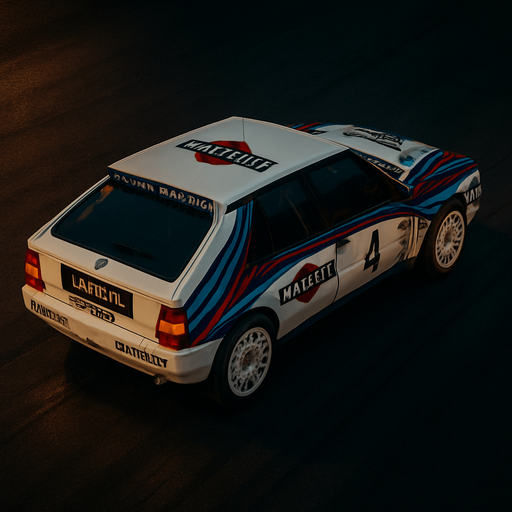 Photorealistic Lancia Delta Rallycar in nightlight, drone topview from back and 45 degrees angle in top right corner