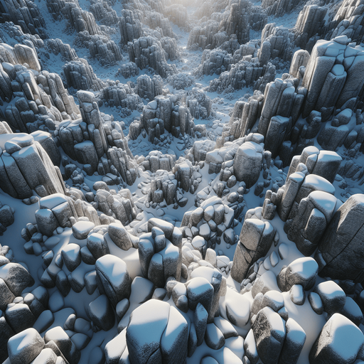 Photorealistic rocks covered by snow and ice, drone view