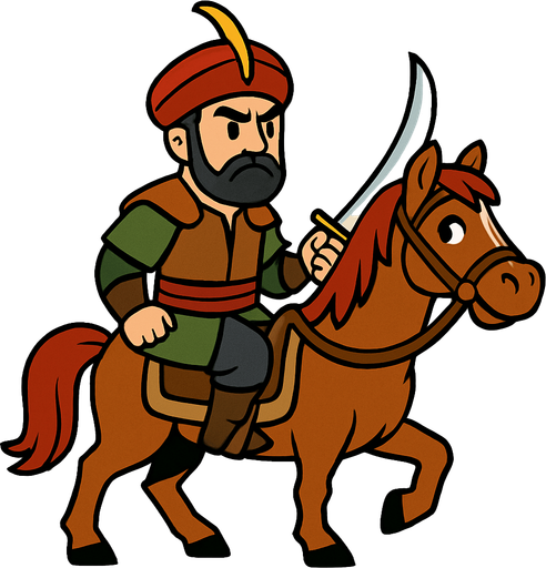 Animasyon çizgi dizi tarzında bir At üstünde bir Osmanlı süvarisi.
In-Game asset.  2d.  High contrast.  No shadows