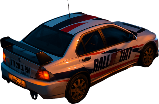 Photorealistic Mitsubishi Lancer Evolution Rallycar in nightlight, drone topview from back and 45 degrees angle in top right corner