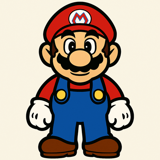 super mario facing camera.
In-Game asset.  2d.  High contrast.  No shadows