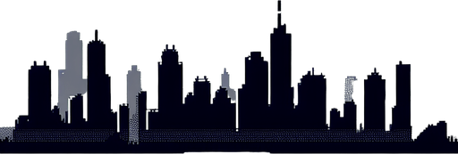 8-bit gray silhouette of cityscape in distance.
Single Game Texture. In-Game asset. 2d. Blank background. High contrast. No shadows.