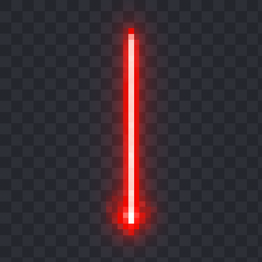 A bright red laser beam for a 2D arcade breakout game.
It should be a narrow vertical beam, glowing with energy and fading slightly toward the tip.
Style: pixel-art or retro arcade effect.
Straight line, no curve.
Transparent background, top-down view.
Use neon red with a light glow.
Resolution: 16x64 px or 32x128 px..
In-Game asset.  2d.  High contrast.  No shadows