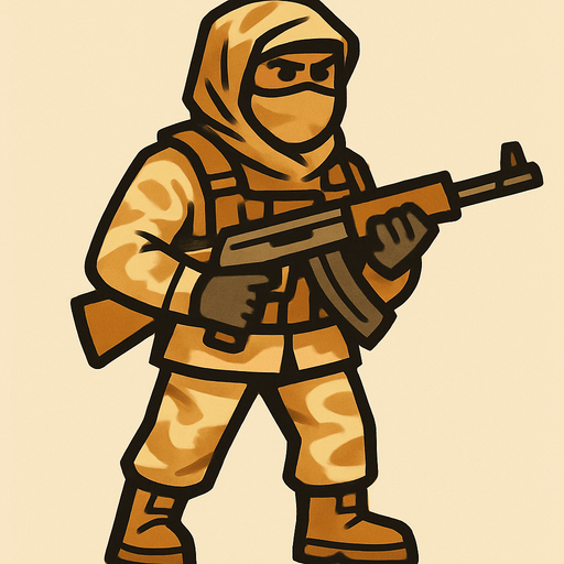 silahlı çöl kıyafeti giyen bir asker.
In-Game asset.  2d.  High contrast.  No shadows