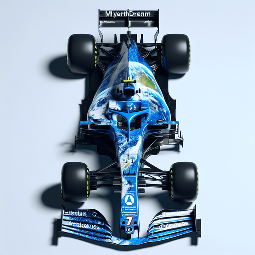 F1 race car. Glossy blue body painting and half covered with planet blue Earth. 
Blue front wing. 
myearthdream.com text on black rear wing. 7 number  on the nose of the car. Red Honda logo with White R logo on the nose of the car. Top view..
Single Game Texture. In-Game asset. 2d. Blank background. High contrast. No shadows.