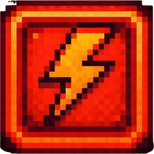 Pixel art of a red power-up icon with a bold lightning bolt symbol inside. Represents a temporary speed boost in a retro-style arcade game. Glowing red, square icon.
In-Game asset.  2d.  High contrast.  No shadows