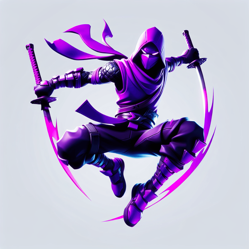 purple ninja with two blade jump style act for battle.
Single Game Texture.  In-Game asset.  2d.  Blank background.  High contrast.  No shadows