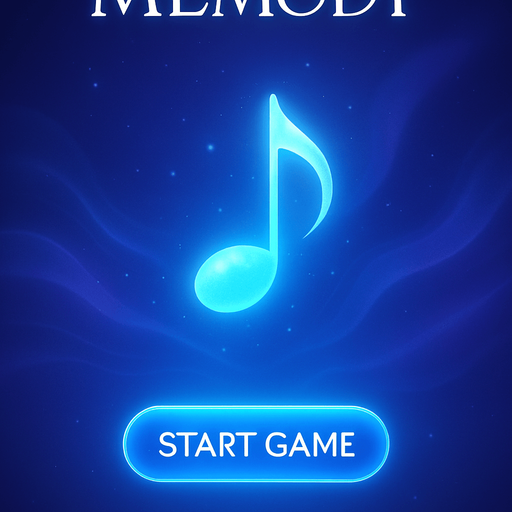 A vertical 9:16 mobile game start screen for a music-themed game called "Melody Memory". A glowing blue melody symbol floats in the center, with dreamy blue and purple gradient background. Soft abstract sound waves and light particles surround the symbol. At the top, stylish title text "Melody Memory" in elegant font. In the center, a prominent "Start Game" button with a glowing, rounded design. At the bottom, soft hint text saying "Tap to Start". Futuristic, minimalistic, high contrast, cinematic lighting, 4K, high quality, mobile UI friendly..
In-Game asset.  2d.  High contrast.  No shadows