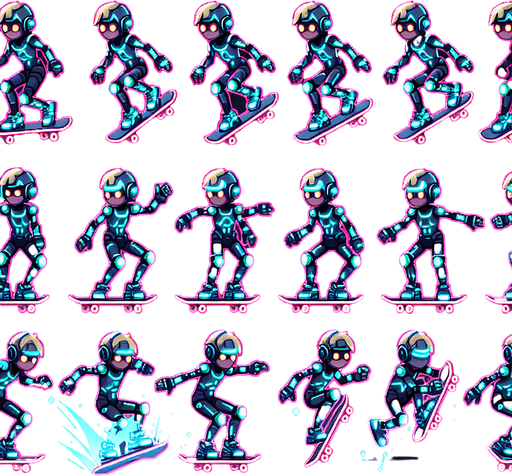Animated skating sprite sheet (8 frames)

Jumping animation (3 frames)

Ideal size: 150x200 pixels

Theme: Futuristic athlete with skate board glowing accents. cartoonish with glowing colors
Single Game Texture.  In-Game asset.  2d.  Blank background.  High contrast.  No shadows