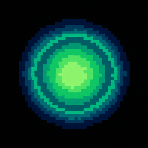 Create an 8-bit style effect representing a magnetic power-up area. The effect should be a circular, glowing field with a soft, pulsing light. The colors should be green and blue, with a slight gradient effect to indicate the area where objects (such as coins or experience points) are attracted towards the character. The circle should have a subtle flicker to show the magnetic pull, and it should be designed to fit within the retro, pixel-art aesthetic of an 8-bit game.
In-Game asset.  2d.  High contrast.  No shadows
