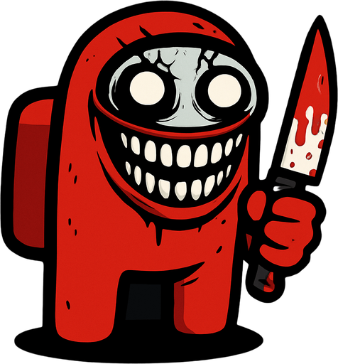 The red color in the game Among us creates the character in an extremely scary way, the glass of the astronaut suit is broken, his eyes are white, his mouth is so long that it touches his ears when he smiles, and he has a bloody knife in his hand..
In-Game asset.  2d.  High contrast.  No shadows