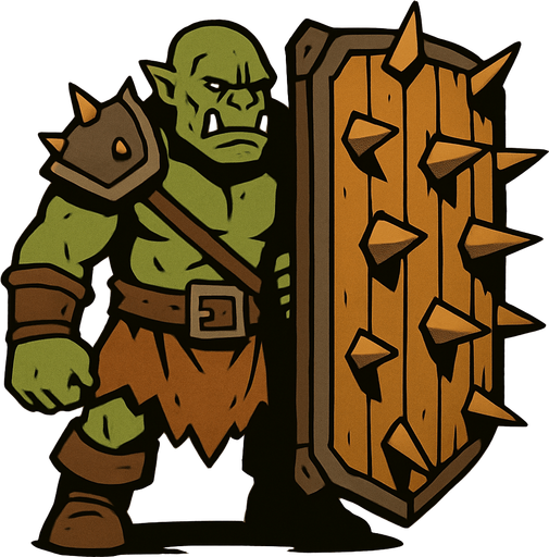 Orc with a big wooden shield full of spikes.
In-Game asset.  2d.  High contrast.  No shadows