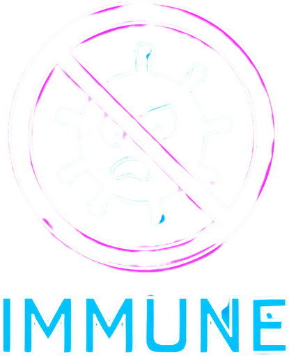 neon cyberpunk glowing IMMUNE button blue pink futuristic videogame hologram a crossed circle with cartoon microbe