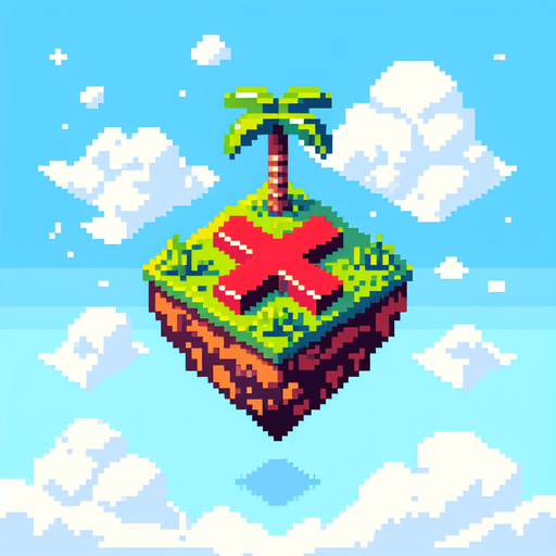 isometric tiny mini pirate island that floats in the sky. an red painted X marks the spot located in the center of the map. pixelated. 8 bit..
Single Game Texture. In-Game asset. 2d. Blank background. High contrast. No shadows.
