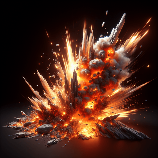 Rocks explosion, lights, sharp pieces, blur, HD images, fire..
Single Game Texture. In-Game asset. 2d. Blank background. High contrast. No shadows.