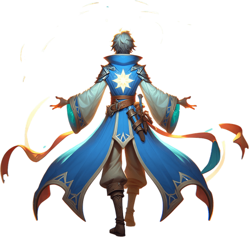 flyn mage. backview.
Single Game Texture.  In-Game asset.  2d.  Blank background.  High contrast.  No shadows