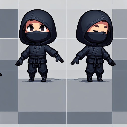 A ninja kid thief, full body, with a dark colored hoodie.
Single Game Texture. In-Game asset. 2d. Blank background. High contrast. No shadows.