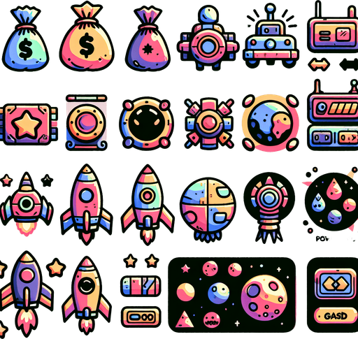 Spaceships, spacemonsters, cash, powerups.
Studio Ghibli. Ghibli style. Mobile game. Colorful. hand drawn. cute. fun. In-Game asset. 2d. Blank background. High contrast. No shadows.