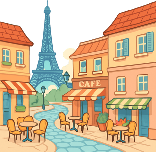 A charming cartoon-style Paris street scene with the Eiffel Tower, cobblestone roads, and café tables. Soft colors and romantic ambiance. Designed for an accordion-themed music game. Export as wide PNG..
In-Game asset.  2d.  High contrast.  No shadows