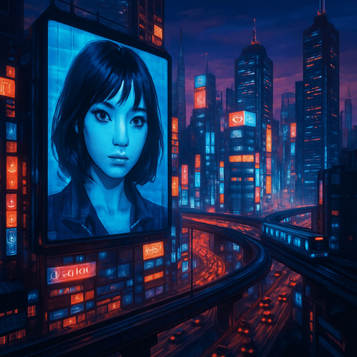 Cyberpunk city. have digital screens and digital girl have black hair talking on it. towers. from above. cars on roads. Trains roads. HD colors.