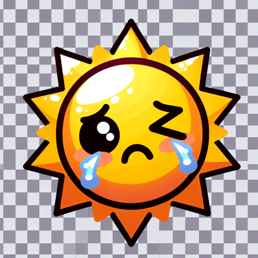 bright sun with wincing cartoon face and a black eye.
Single Game Texture.  In-Game asset.  2d.  Blank background.  High contrast.  No shadows